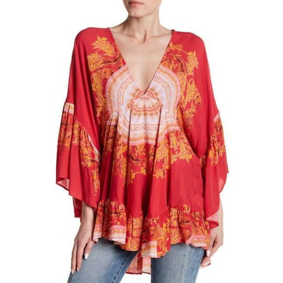 FREE PEOPLE Sunset Dreams Ruffle Red Top NWT S - Picture 2 of 4